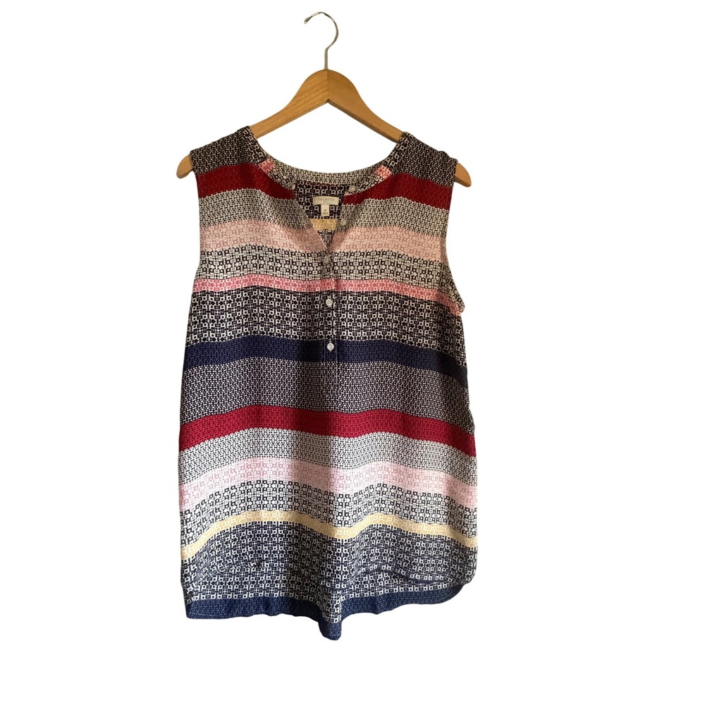 Talbots Womens Medium Sleeveless Henley Blouse Multi Color Geometric Stripe Top